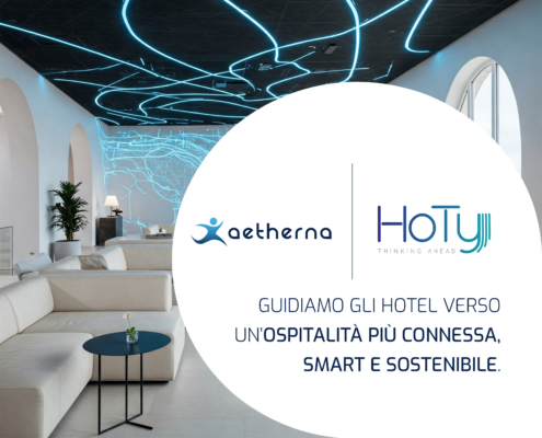Visual della partnership Aetherna HoTy hospitality per l’innovazione del settore alberghiero.