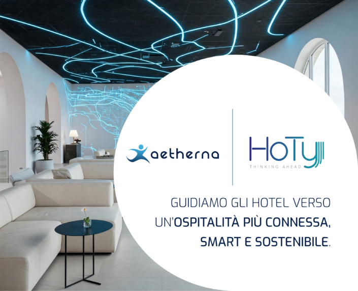 Visual della partnership Aetherna HoTy hospitality per l’innovazione del settore alberghiero.